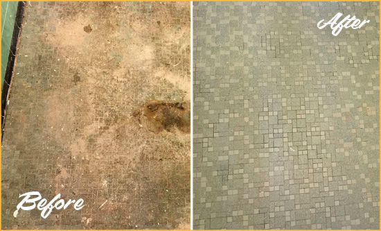 Before and After Picture of a Wyoming Mosaic Shower Cleaned to Eliminate Embedded Dirt