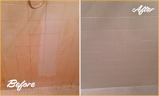 Before and After Picture of a New Castle Porcelaine Shower Cleaned to Remove Soap Scum
