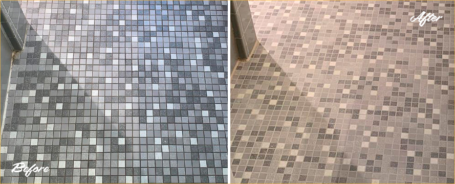 Picture of a Bathroom Floor Before and After a Grout Sealing in Dover, DE