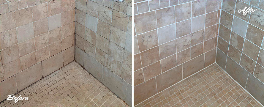An Image of a Shower Before and After a Tile Sealing in Dewey Beach, DE