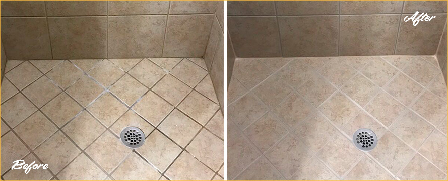 Picture Showing the Before and After of a Master Shower After a Tile Cleaning in Dover, DE