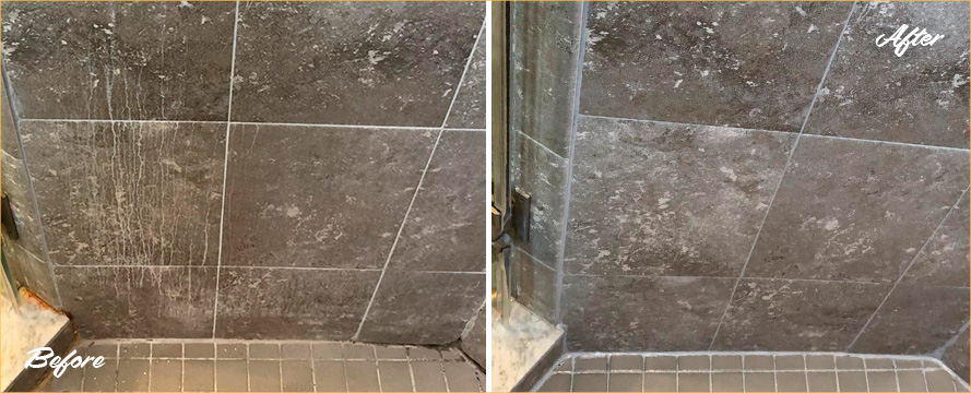 Before and After Image of a Shower After a Professional Grout Sealing in Dover