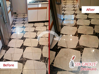 Before and After Our Kitchen Floor Stone Cleaning Services in Manor, DE
