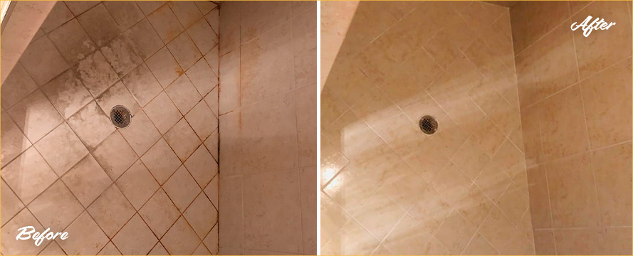 Shower Floor Before and After a Grout Cleaning in Middletown, DE