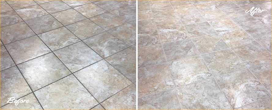 Waiting Room Floor Before and After a Service from Our Tile and Grout Cleaners in Bear