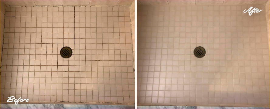 Shower Floor Before and After Our Caulking Services in Newark, DE