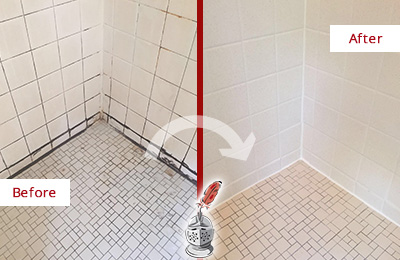 Before and After Picture of a Shower Caulked to Remove Mold