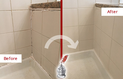 Before and After Picture of a White Tile Shower Recaulked