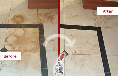 Before and After Picture of a Marble Floor Honed and Polished to Remove Rust Stains