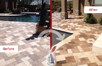 Before and After Picture of a Worn-Out Travertine Pool Deck Honed and Polished