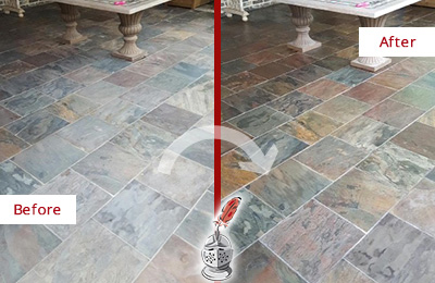 Before and After Picture of Worn-Out Slate Floor Cleaned and Sealed to Look Like New