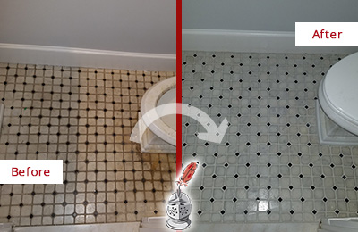 Before and After Picture of a Blades Bathroom Tile and Grout Cleaned to Remove Stains
