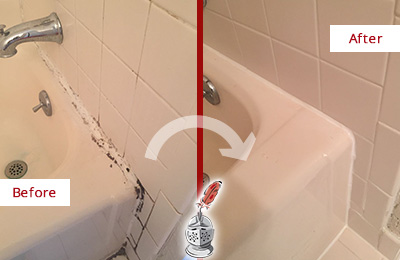 Before and After Picture of a Long Neck Bathroom Sink Caulked to Fix a DIY Proyect Gone Wrong