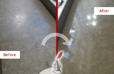 Before and After Picture of a Dull Elsmere Limestone Countertop Polished to Recover Its Color