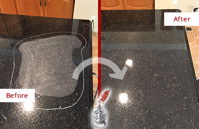 Before and After Picture of a Blades Granite Stone Countertop Polished to Remove Scratches