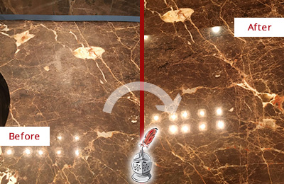 Before and After Picture of a Cheswold Marble Stone Countertop Polished to Eliminate Stains