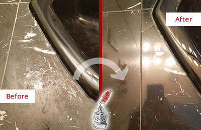 Before and After Picture of a Blades Marble Countertop Cleaned to Remove Deep Dirt