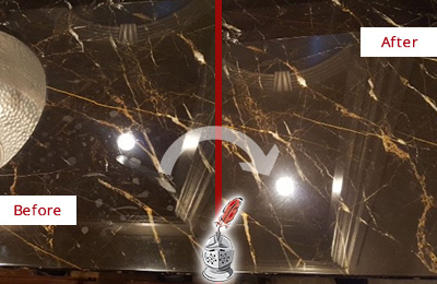Before and After Picture of a Harbeson Marble Countertop Cleaned to Remove Water Spots