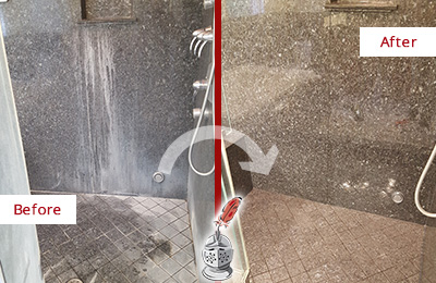 Before and After Picture of a Odessa Granite Shower Stone Sealed to Avoid Mineral Deposits