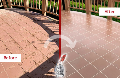 Before and After Picture of a Slaughter Beach Hard Surface Restoration Service on a Tiled Deck