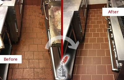 Before and After Picture of a Cheswold Hard Surface Restoration Service on a Restaurant Kitchen Floor to Eliminate Soil and Grease Build-Up