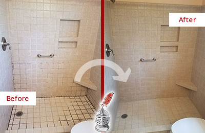 Before and After Picture of a Bethany Beach Shower Grout Cleaned to Remove Mold