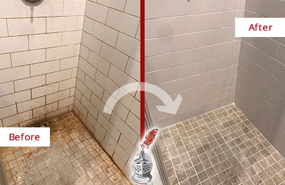 Before and After Picture of a Blades Shower Grout Sealed to Eliminate Mold
