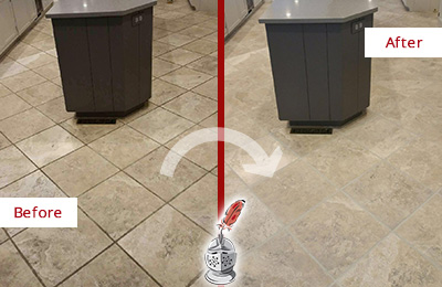 Before and After Picture of a Montchanin Kitchen Floor Grout Sealed to Remove Stains